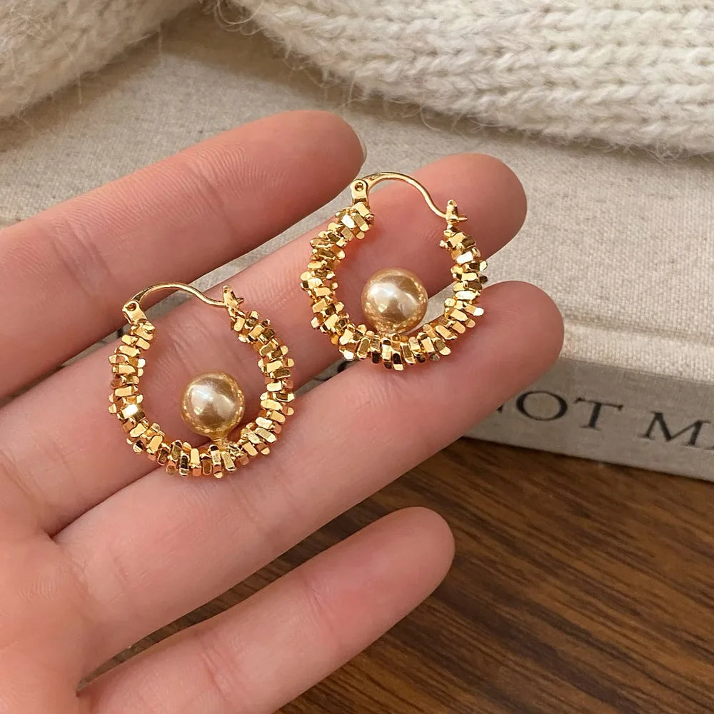 Gold Plated Imitation Pearl Zircon Earring for Women Girl Party Gift Circular Temperament Banquet Jewelry