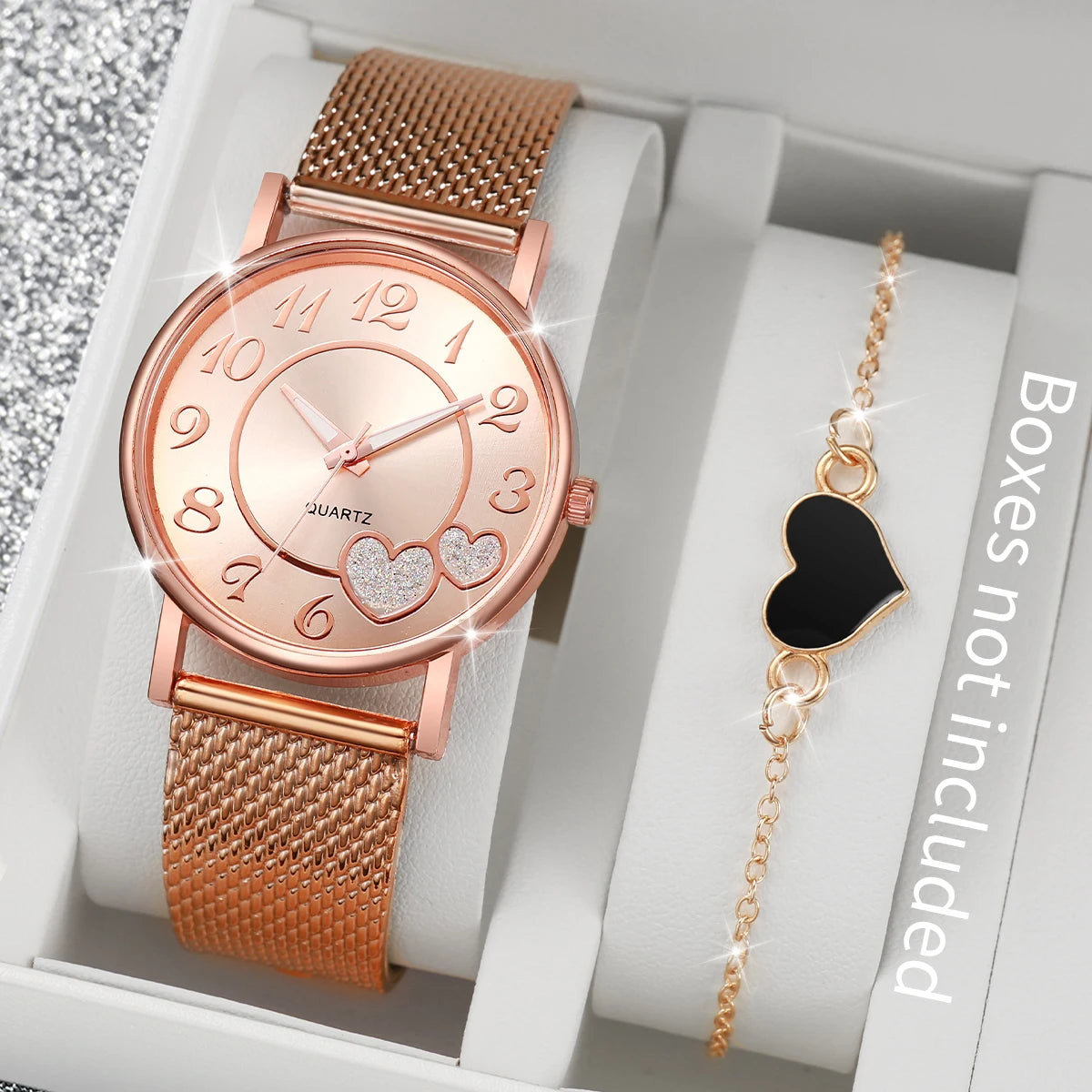 Analog Watches Bracelet Set para Mulheres com relógio de pulso dourado e bracelete coração para um estilo elegante.