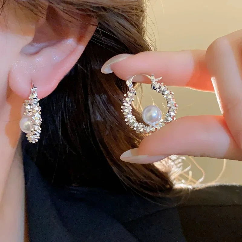 Gold Plated Imitation Pearl Zircon Earring for Women Girl Party Gift Circular Temperament Banquet Jewelry