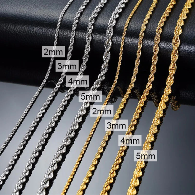 Vintage Punk Rope Chain Necklace for Men Women,2/3/4/5mm Stainless Steel Twist Chain Collar,Hip Hop Casual Jewelry Gift