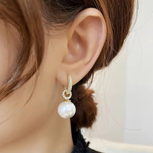 Gold Plated Imitation Pearl Zircon Earring for Women Girl Party Gift Circular Temperament Banquet Jewelry