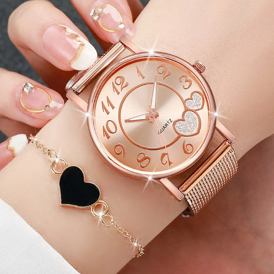 2PCS/Set Fashion Heart Dial Women's Quartz Watch Plastic Band Analog Watches Bracelet Set（Without Box）