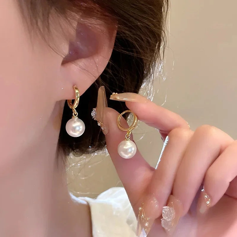 Gold Plated Imitation Pearl Zircon Earring for Women Girl Party Gift Circular Temperament Banquet Jewelry