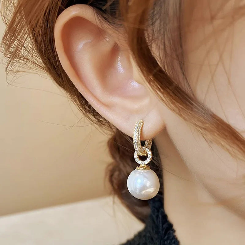 Gold Plated Imitation Pearl Zircon Earring for Women Girl Party Gift Circular Temperament Banquet Jewelry