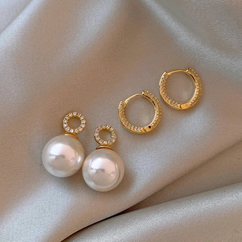 Gold Plated Imitation Pearl Zircon Earring for Women Girl Party Gift Circular Temperament Banquet Jewelry